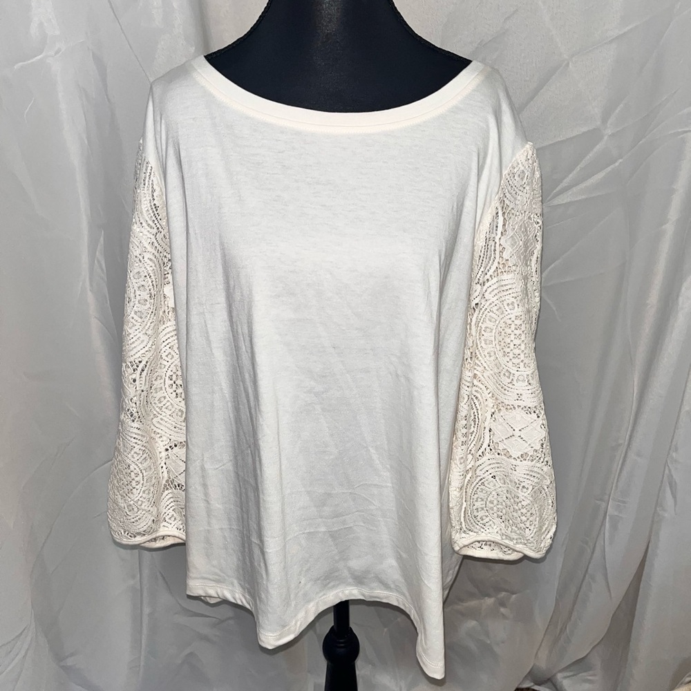 C Est.1946 Chic White Lace Long Sleeve With Flutter Trim Women's Blouse XL